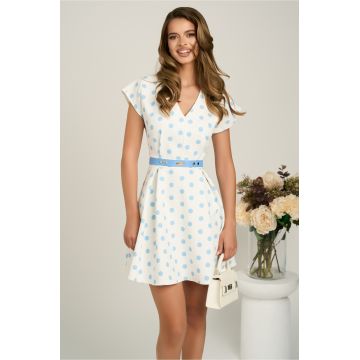 Rochie scurta alba cu buline bleu si maneci scurte tip lalea