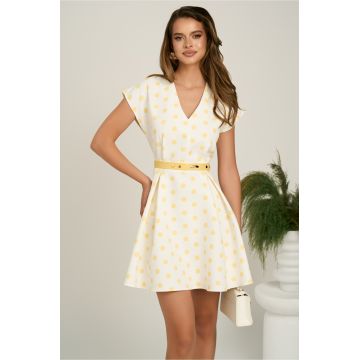 Rochie scurta alba din stofa in clos cu buline galbene si curea in talie