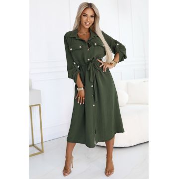 Rochie camasa midi cu nasturi aurii si cordon -