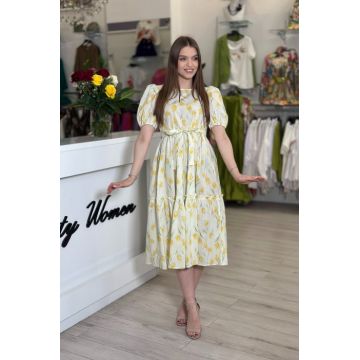 Rochie cu umeri bufanti si imprimeu lalele galbene