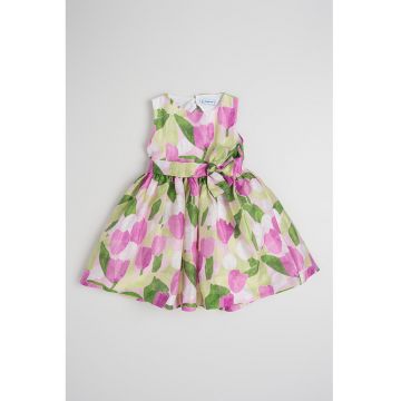Rochie din amestec de in cu model floral si cordon in talie