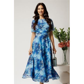 Rochie DY Fashion lunga albastra cu imprimeu floral din voal in croi clos