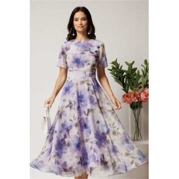 Rochie DY Fashion lunga lila cu imprimeu floral din voal in croi clos