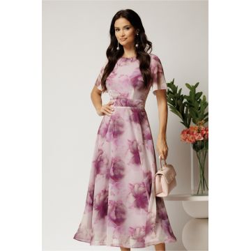 Rochie DY Fashion lunga roz pudrat cu imprimeu floral din voal in croi clos