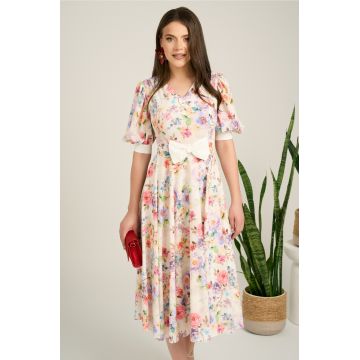 Rochie DY Fashion midi alba din satin in clos cu print floral roz si funda in talie