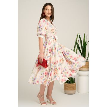 Rochie DY Fashion midi alba din voal in clos cu print floral roz si funda in talie