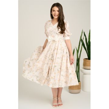 Rochie DY Fashion midi bej din satin in clos cu print floral si funda in talie