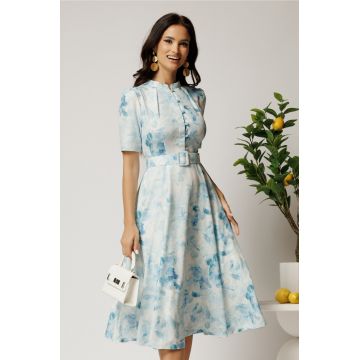 Rochie DY Fashion midi bleu in clos din rayon cu imprimeu floral si curea in talie
