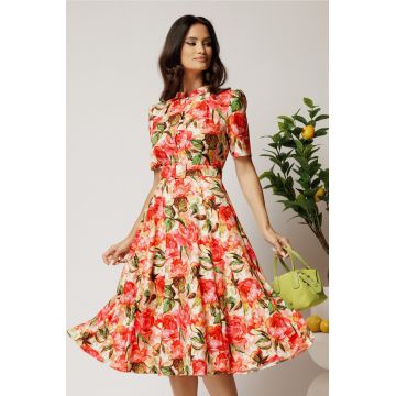 Rochie DY Fashion midi cu flori corai in clos din rayon si curea in talie