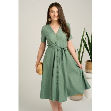 Rochie DY Fashion midi kaki din material fluid in clos cu nasturi si cordon in talie