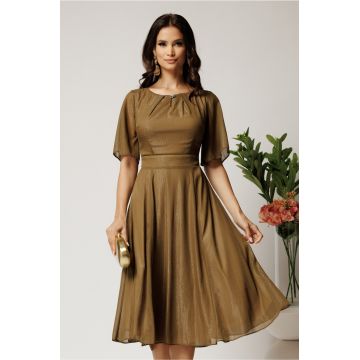 Rochie DY Fashion midi kaki din voal in clos cu fir lurex si accesoriu la decolteu