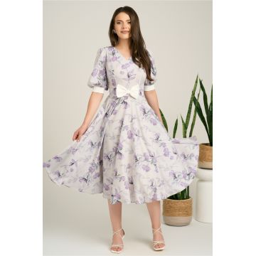 Rochie DY Fashion midi lila din satin in clos cu print mov si funda in talie