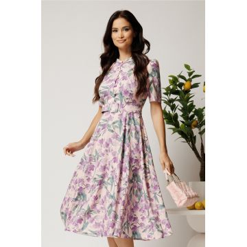 Rochie DY Fashion midi lila in clos din triplu voal cu imprimeu floral si curea in talie