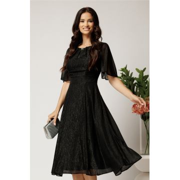 Rochie DY Fashion midi neagra din voal in clos cu fir lurex si accesoriu la decolteu