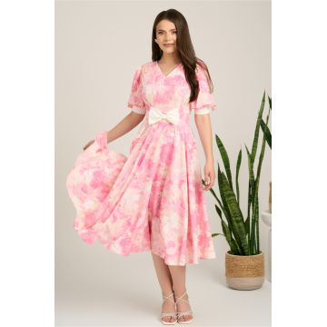 Rochie DY Fashion midi roz din satin in clos cu print alb si funda in talie