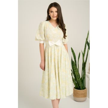 Rochie DY Fashion midi verde din satin in clos cu print bej si funda in talie