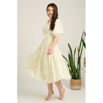 Rochie DY Fashion midi verde din voal in clos cu print bej si funda in talie