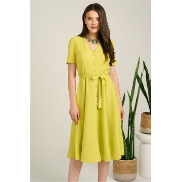Rochie DY Fashion midi verde lime din material fluid in clos cu nasturi si cordon in talie