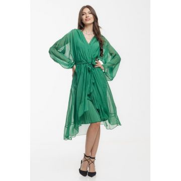 Rochie eleganta din matase naturala, cu volane si cordon in talie, verde