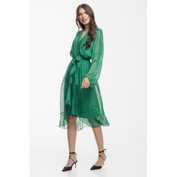 Rochie eleganta din matase naturala, petrecuta, cu maneci vaporoase si croiala asimetrica, verde
