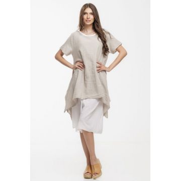 Rochie lejera din bumbac cu doua straturi si croi asimetric, alb-bej