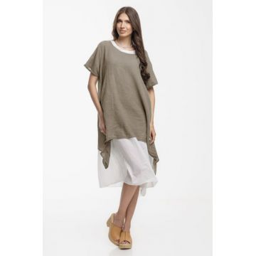 Rochie lejera din bumbac cu doua straturi si croi asimetric, alb-bej inchis