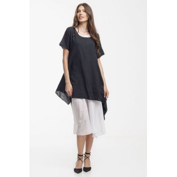 Rochie lejera din bumbac cu doua straturi si croi asimetric, alb-negru