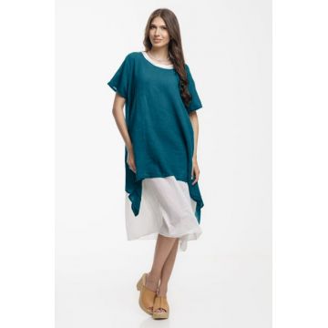 Rochie lejera din bumbac cu doua straturi si croi asimetric, alb - turcoaz inchis