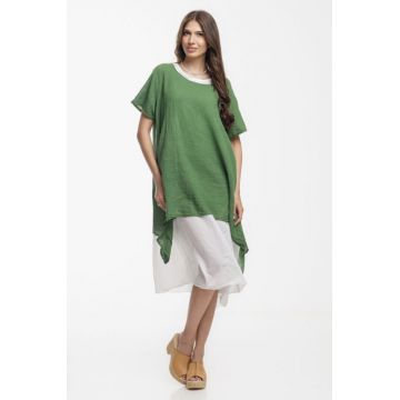Rochie lejera din bumbac cu doua straturi si croi asimetric, alb-verde