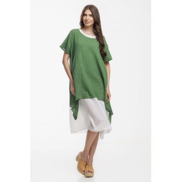 Rochie lejera din bumbac cu doua straturi si croi asimetric, alb-verde