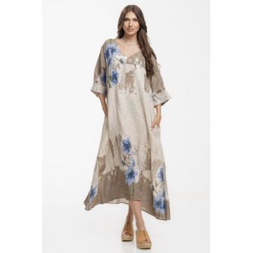 Rochie lunga A-line oversize, din in, bej, cu imprimeu abstract - Copie