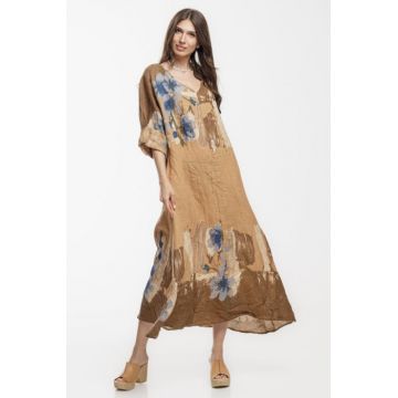 Rochie lunga A-line oversize, din in, camel, cu imprimeu abstract