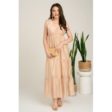 Rochie lunga bej din tencel cu funde la umeri