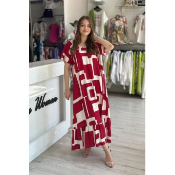 Rochie lunga cu imprimeu rosu si bej