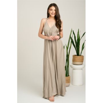 Rochie lunga gri din viscoza cu croi lejer si snur reglabil in talie