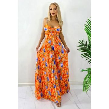 Rochie lunga plisata NYSA, cupe buretate si legare spate, Portocaliu, Marime S/M