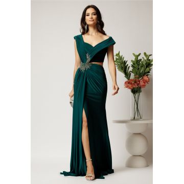 Rochie lunga verde din lycra mulata cu tull transparent si strasuri in talie