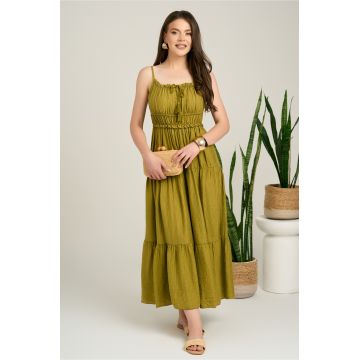 Rochie lunga verde lime din tencel creponat in clos cu ciucuri la bust