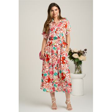 Rochie midi alba cu flori corai din viscoza in clini cu nasturi si cordon in talie