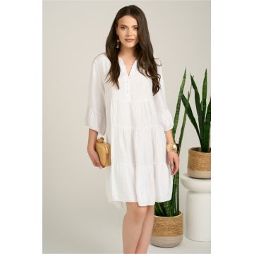 Rochie midi alba din tencel creponat cu croi tip A si nasturi la bust