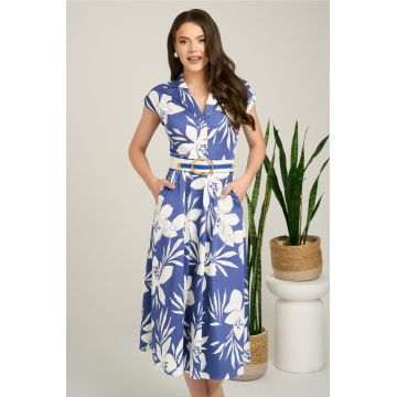 Rochie midi albastra din bumbac in clos cu flori si curea in talie