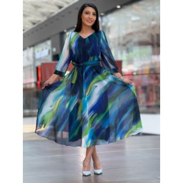 Rochie midi albastra in degrade cu maneci