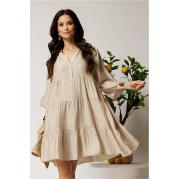 Rochie midi bej din tencel creponat cu croi tip A si nasturi la bust