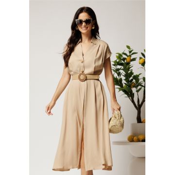 Rochie midi bej din tencel in clos cu nasturi si curea impletita