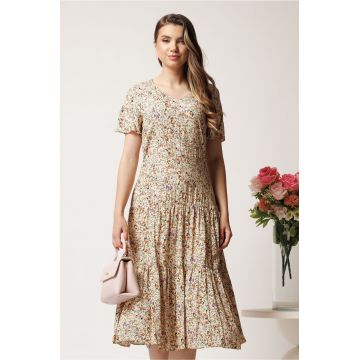 Rochie midi bej din viscoza cu imprimeuri florale maro Rochie midi bej din viscoza cu imprimeuri florale maro