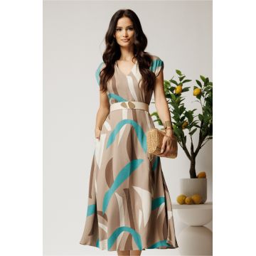 Rochie midi bej in clos din tencel cu imprimeu turcoaz si curea in talie