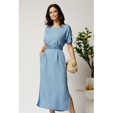 Rochie midi bleu din tencel croi drept si curea in talie