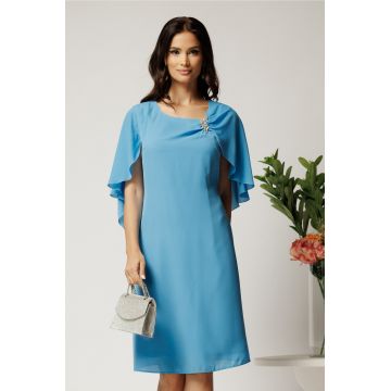 Rochie midi bleu din voal cu croi drept si accesoriu stralucitor la bust- Viada