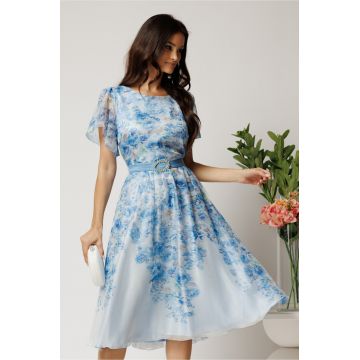 Rochie midi bleu din voal in clos cu imprimeu floral si cordon in talie- Viada