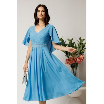 Rochie midi bleu din voal in clos cu strasuri in talie